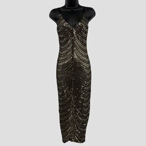 Fashion Nova Truth Hurts Sequin Midi Dress in Black/Gold | Size XS